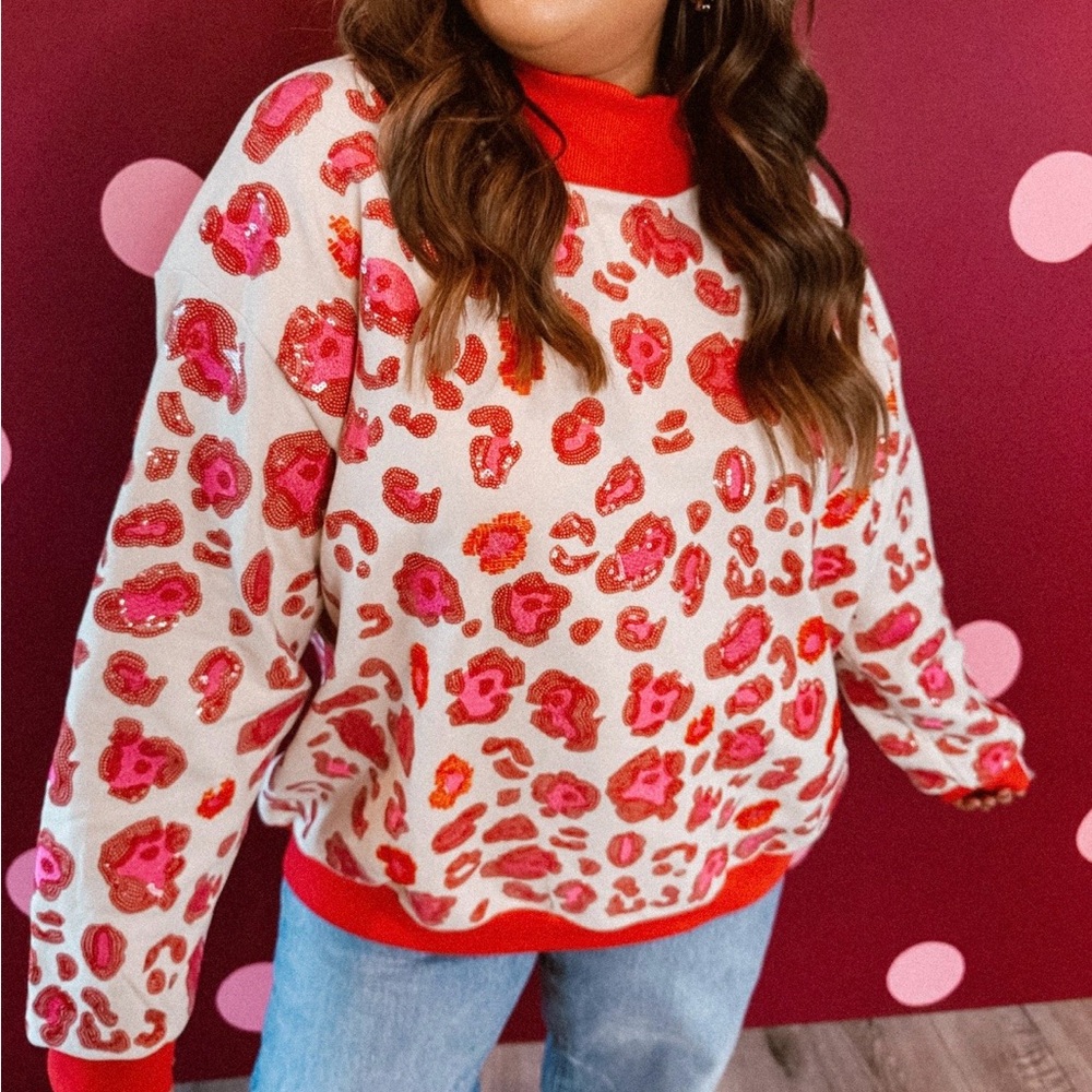 QUEEN OF SPARKLES Red and Pink Leopard Print Sweater